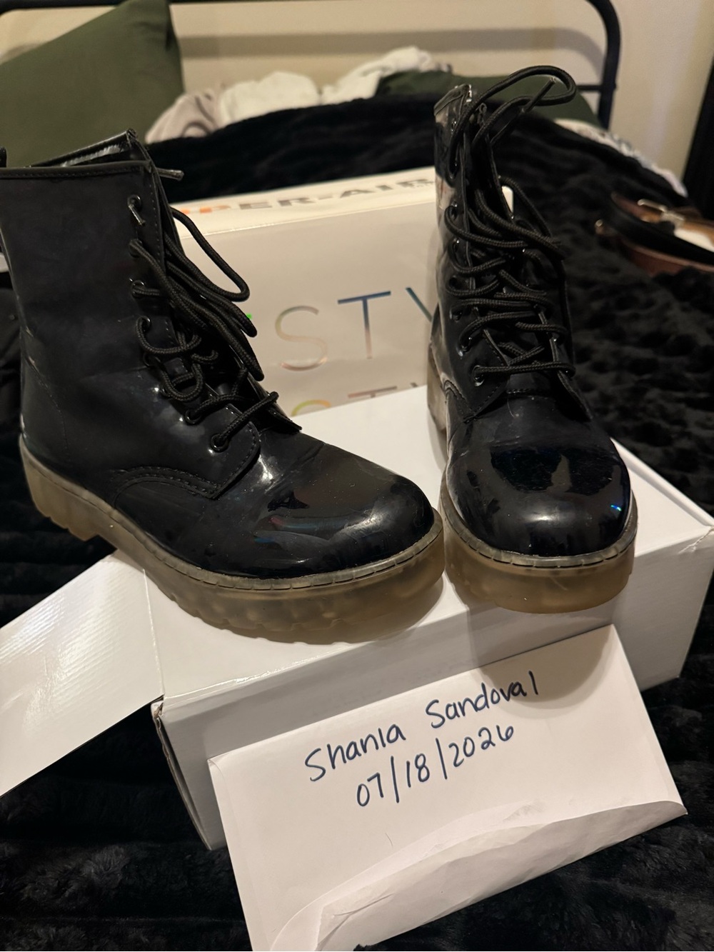 Black Patent Combat Boots with Gum Sole